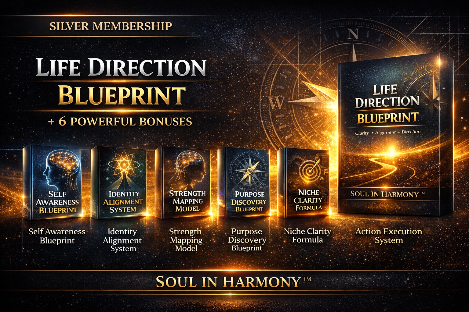 Life Direction Blueprint with 6 powerful bonuses: Self Awareness, Identity Alignment, Strength Mapping, Purpose Discovery, Niche Clarity, and Action Execution System.